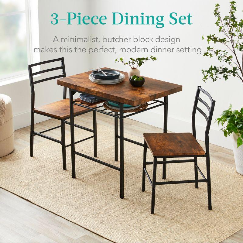 Brown Wood and Steel 3-Piece Dining Set with Storage Rack