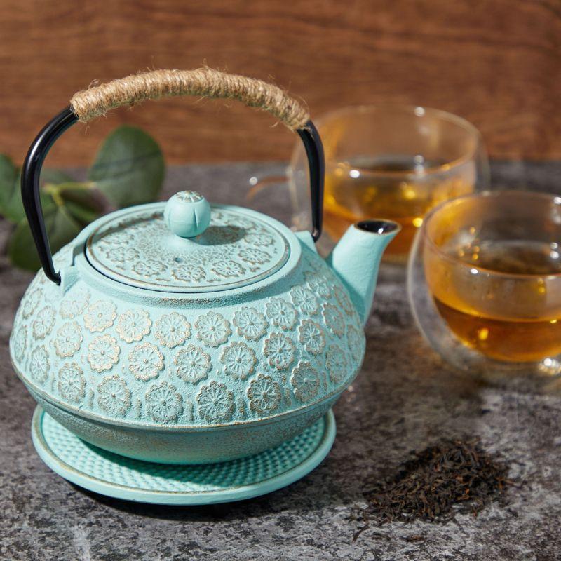 Light Blue Floral Cast Iron Japanese Teapot with Infuser and Trivet