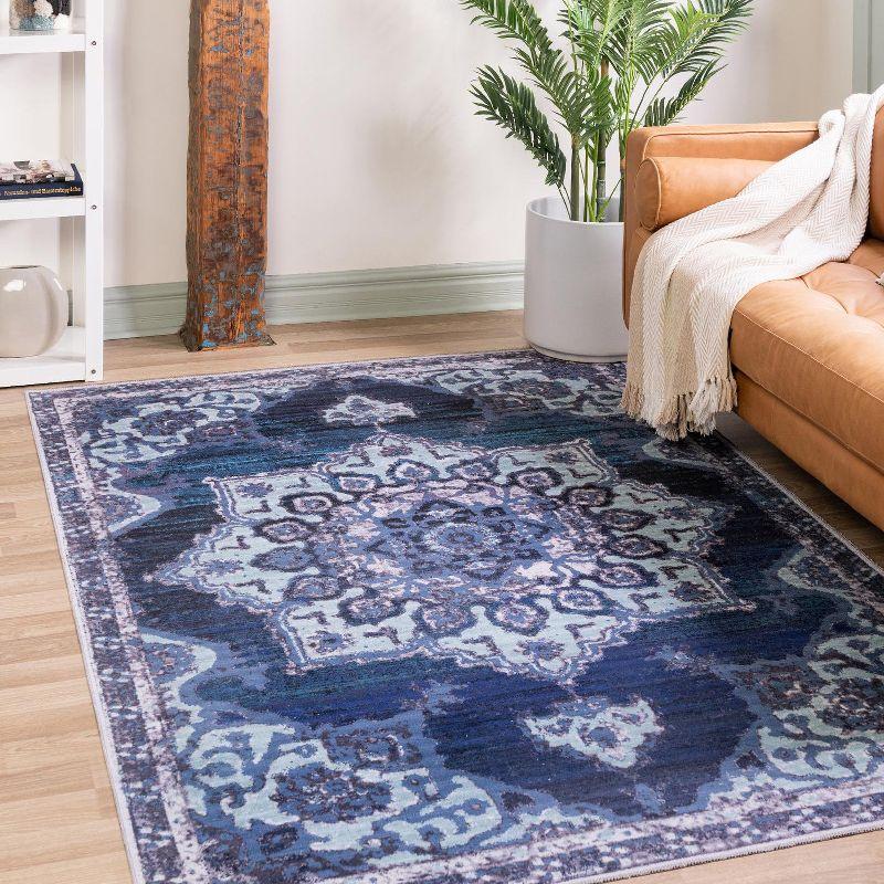 Navy Blue Medallion Synthetic 9' x 12' Washable Area Rug