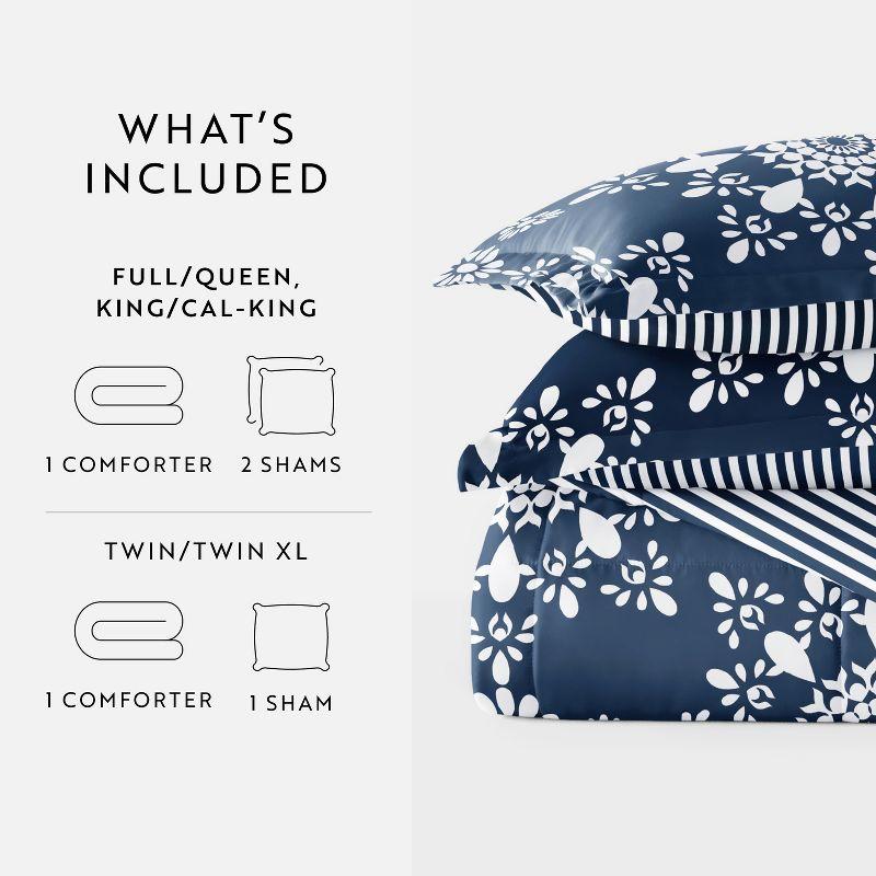 Paisley & Medallion Stripe Reversible Patterned Soft Comforter Sets - Becky Cameron, Daisy Medallion / Navy, Full/Queen