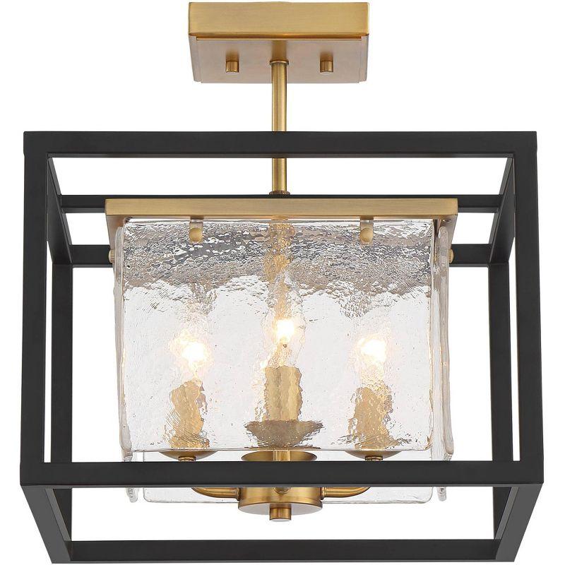 Possini Euro Design Liston Modern Ceiling Light Semi Flush Mount Fixture 14" Wide Black Brass 4-Light Ice Glass Panels for Bedroom Kitchen Living Room