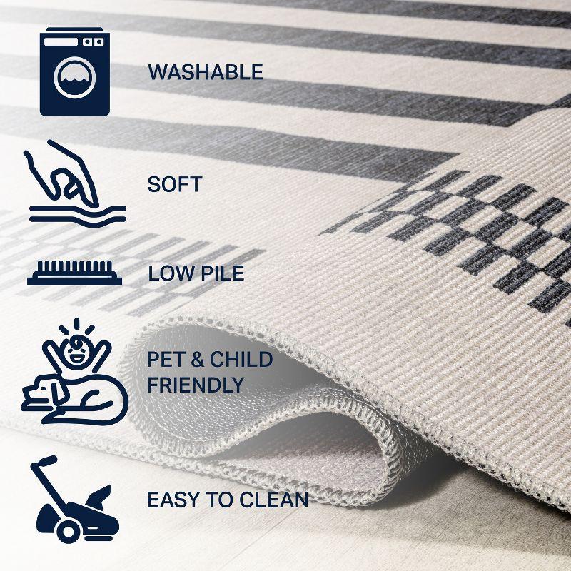 Cream and Black Striped Synthetic 3' x 5' Washable Area Rug