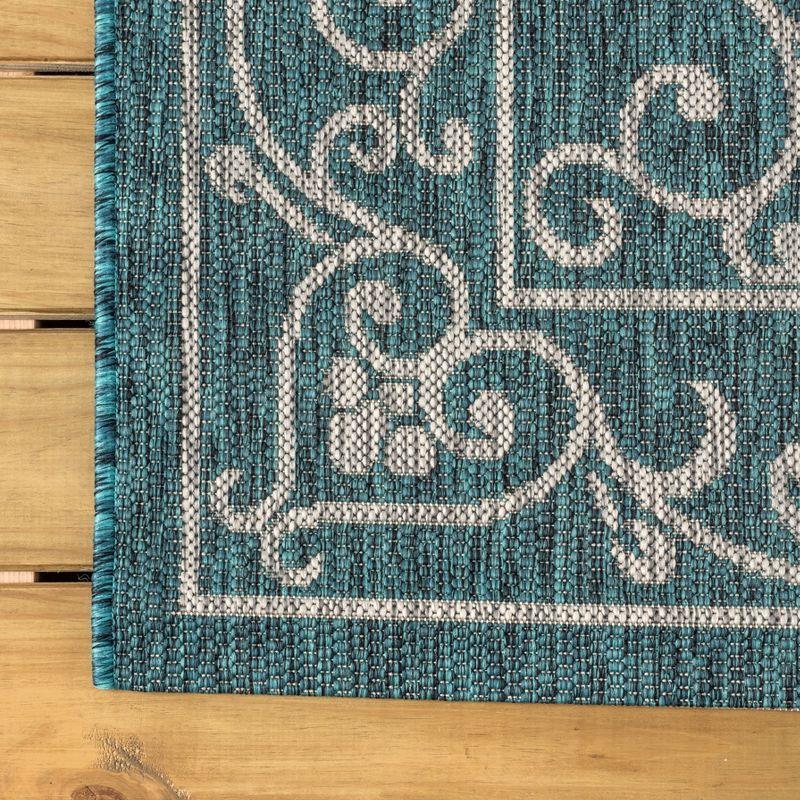 5' Square Charleston Vintage Filigree Textured Weave Indoor/Outdoor Area Rug, Teal/Gray - JONATHAN Y