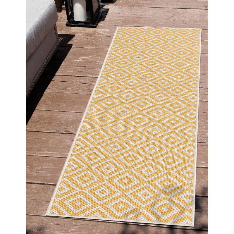 Yellow Ivory Geometric Flat Woven Outdoor Runner Rug