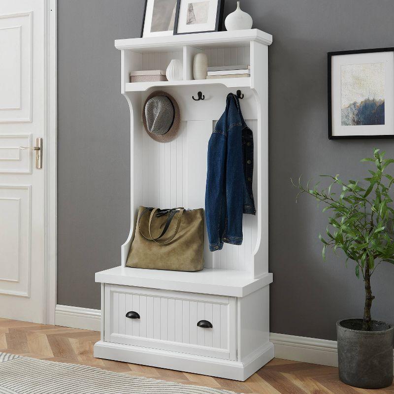 White Coastal Traditional Hall Tree with Storage and Hooks