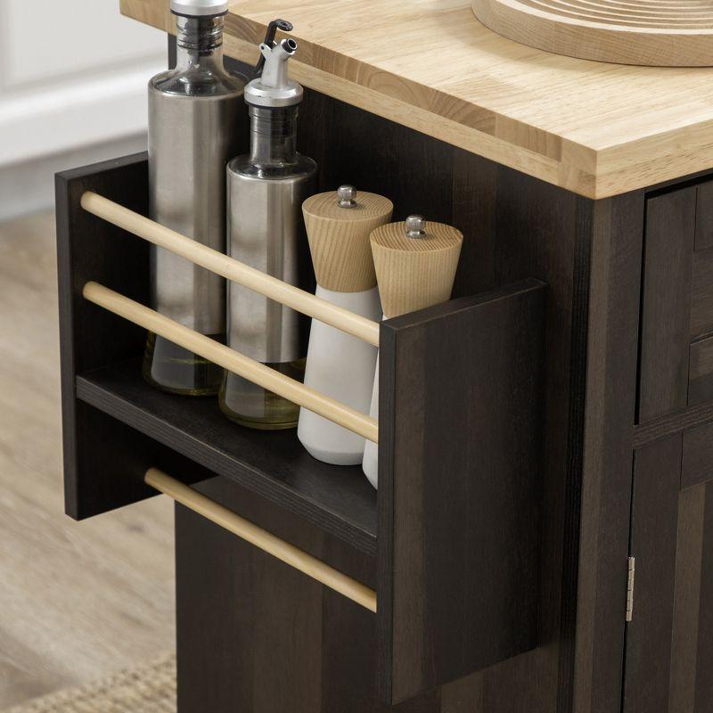 HOMCOM Kitchen Island on Wheels, Rolling Cart with Rubber Wood Top, Spice Rack, Towel Rack & Drawers for Dining Room, Brown Oak