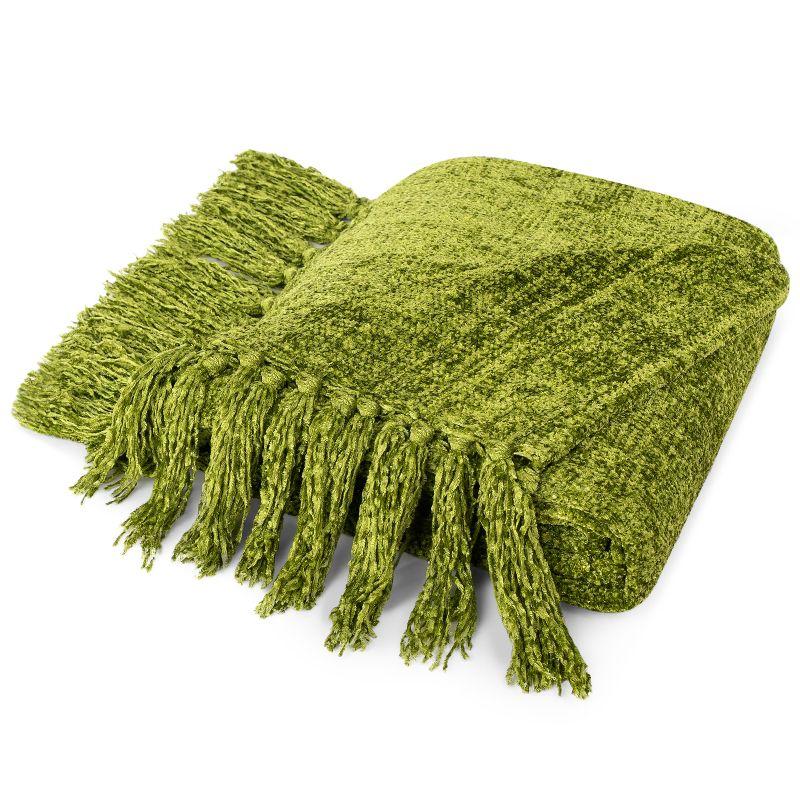 PAVILIA Chenille Throw Blanket with Woven Knitted Tassel Fringe for Couch, Living Room Decor and Bed, Olive/Twin - 60x80