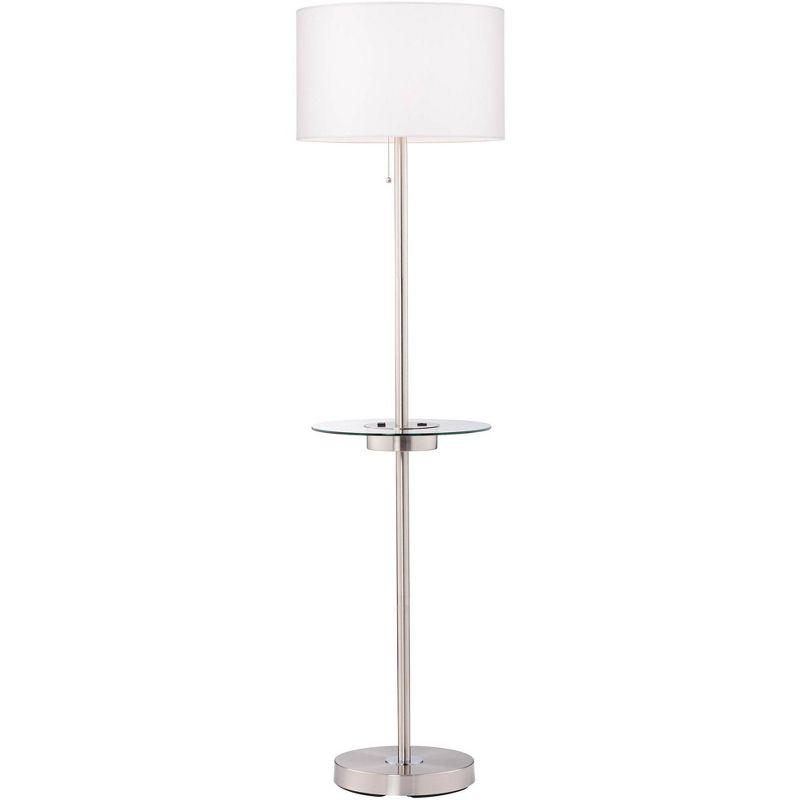 360 Lighting Caper Modern Floor Lamp with Tray Table 60 1/2" Tall Brushed Nickel USB and AC Power Outlet Off White Fabric Drum Shade for Living Room