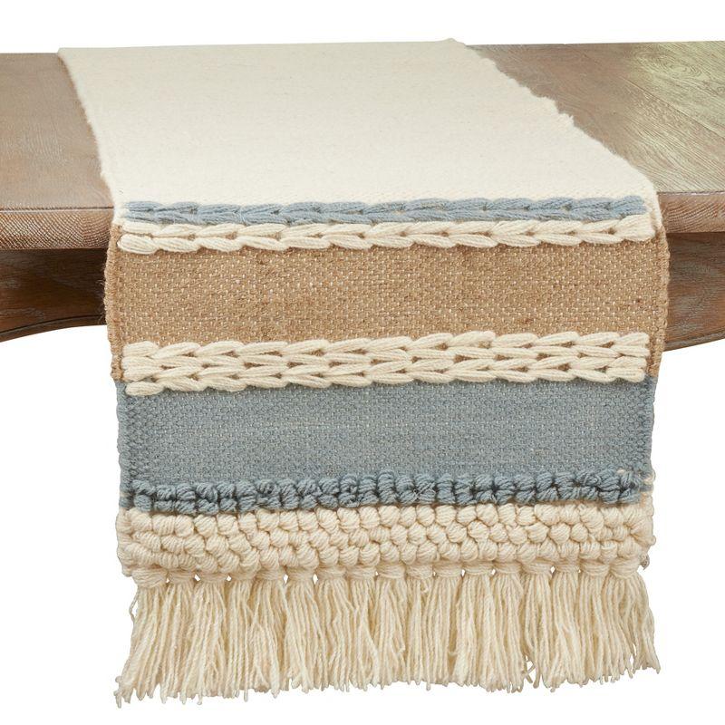 Blue and Natural Wool Boho Table Runner with Tassels