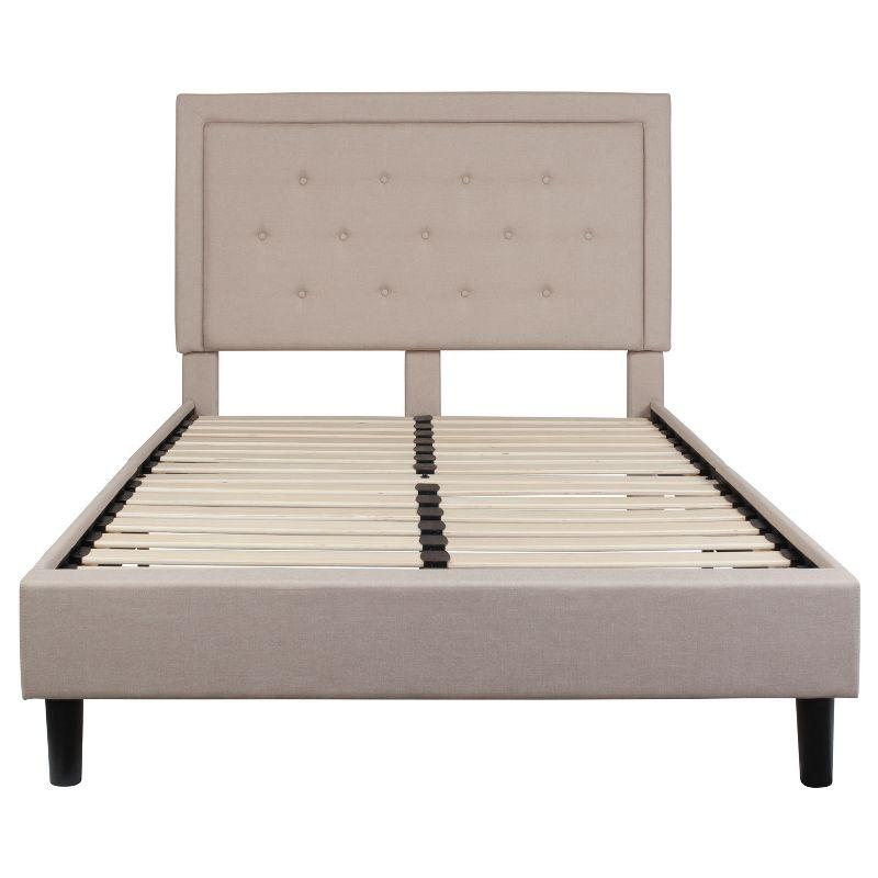 Beige Full-Size Tufted Upholstered Platform Bed with Nailhead Trim