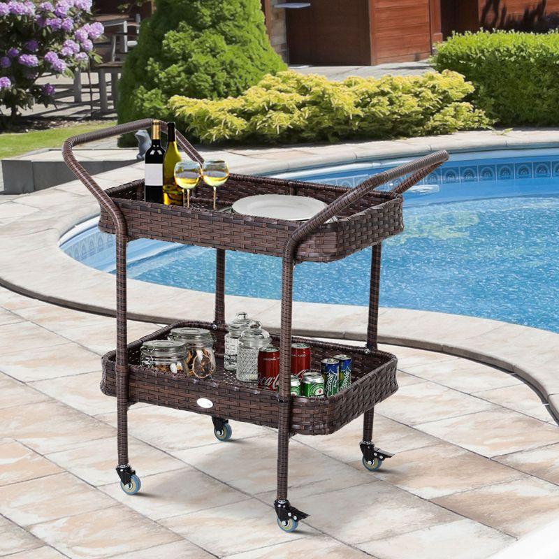 Outsunny Rattan Wicker Serving Cart with 2-Tier Open Shelf, Outdoor Wheeled Bar Cart with Brakes for Poolside, Garden, Patio
