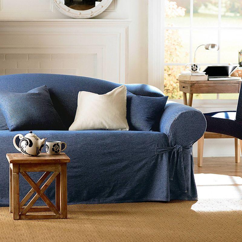 Authentic Denim T Cushion Loveseat Slipcover - Sure Fit: Machine Washable, Indoor Use, Front Tie Closure