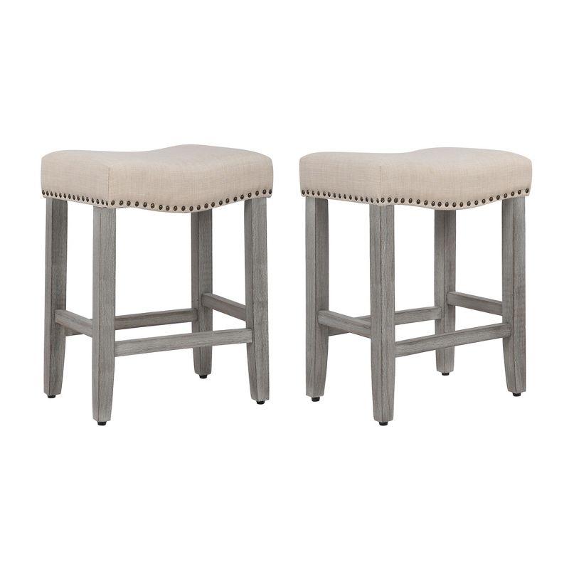 Modern Farmhouse 24" Beige Wood Saddle Seat Counter Stools - Set of 2