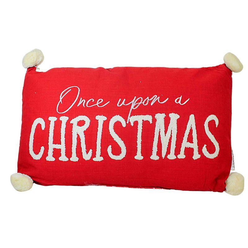 Red Cotton Holiday Christmas Pillow with Pom Poms