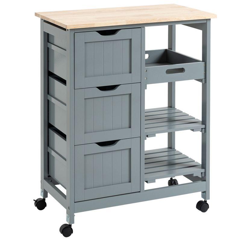 HOMCOM Rolling Kitchen Island Cart, Bar Serving Cart, Compact Trolley on Wheels with Wood Top, Shelves & Drawers for Home Dining Area, Gray