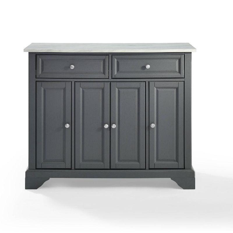 One Allium Way® Kitchen Island With Storage Shelves, Microwave Stand, Coffee Bar, Gray - Birch Veneer, Marble Finish, 2 Drawers & 3 Cabinets, Brushed Nickel Hardware