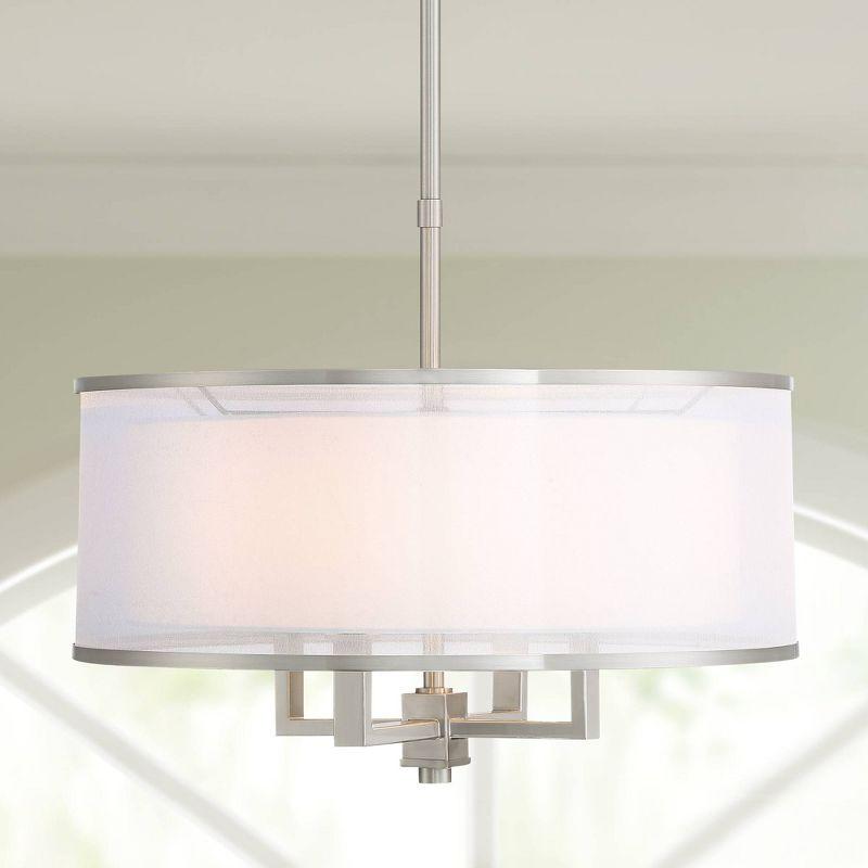 Possini Euro Design Brushed Nickel Drum Pendant Chandelier 21" Wide Silver Organza White Shade 4-Light Fixture for Dining Room