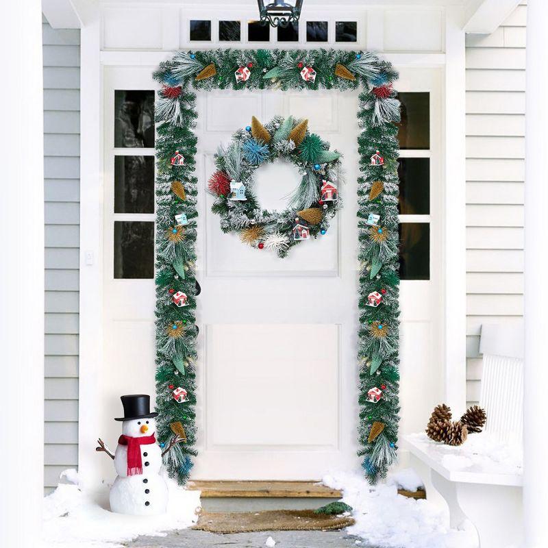 24 Inch Christmas Wreaths for Front Door, Xmas Village Wreath with Tree and Little House Decorations