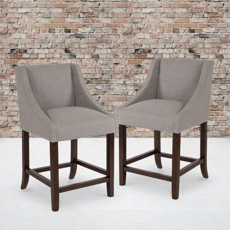 Flash Furniture Carmel Series 24" High Transitional Walnut Counter Height Stool with Nail Trim in Light Gray Fabric, Set of 2