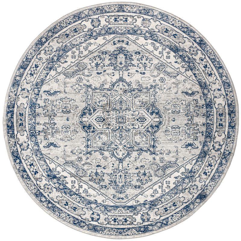 Light Grey and Navy Round Synthetic Persian Medallion Rug