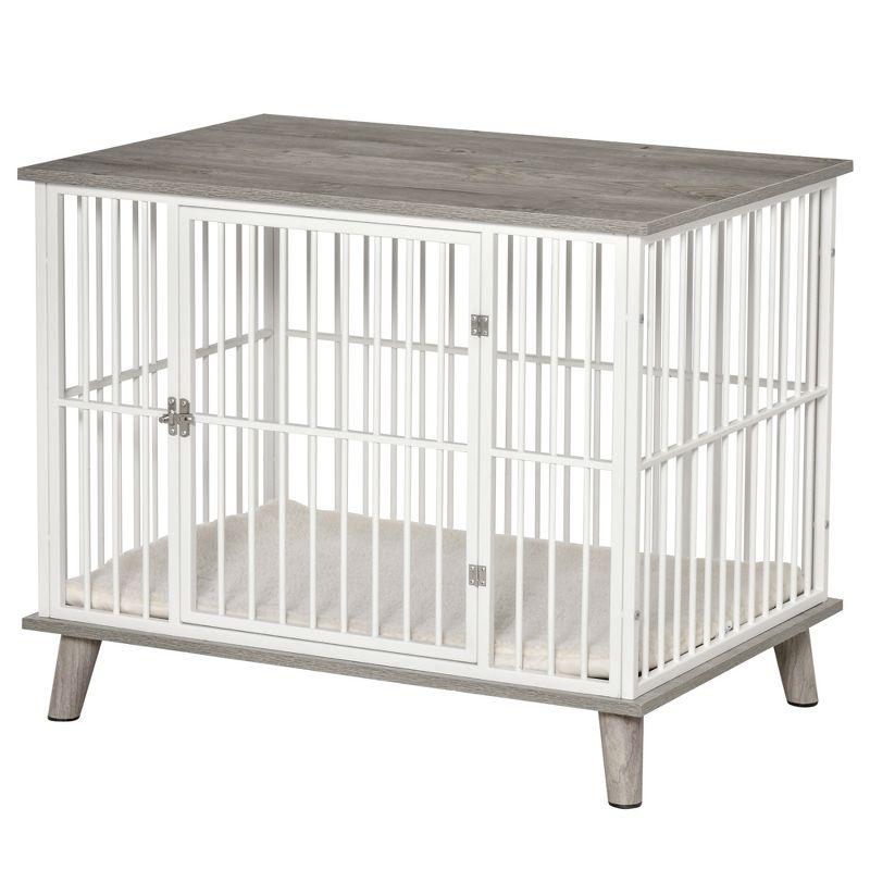 PawHut Dog Crate Furniture, Wooden End Table with Cushion & Lockable Door, Medium Size Pet Crate Indoor Puppy Cage, gray