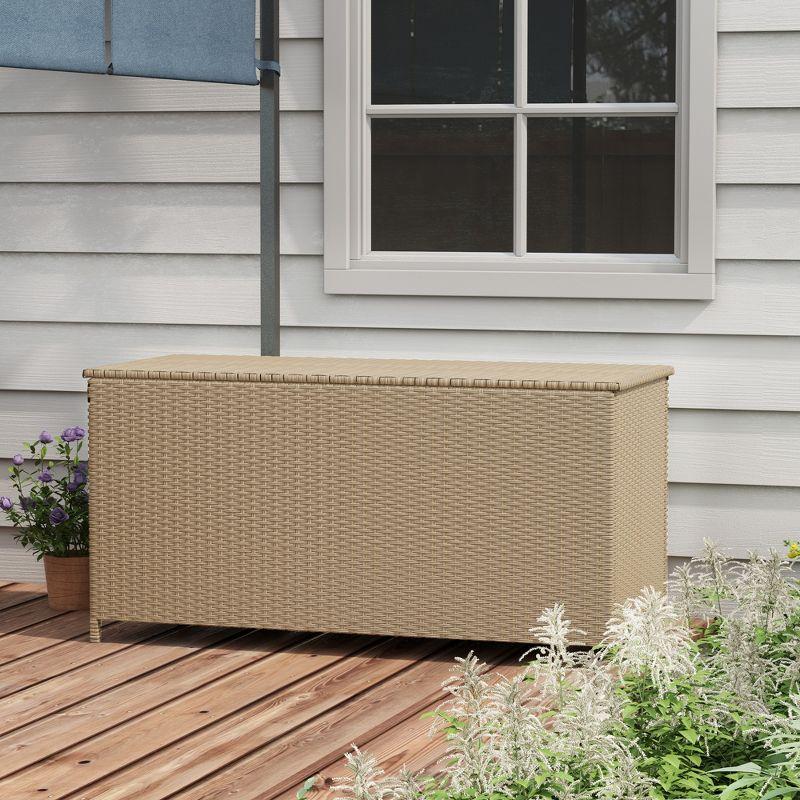Tryimagine Outsunny 83 Gallon Deck Box, Large Outdoor Storage Chest, PE Wicker Trunk For Outside On Wheels For Garden Tools, Pool Toys & Patio Furniture Cushions