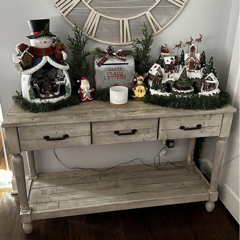 Whitewash Pine Wood Rectangular Console Table with Storage