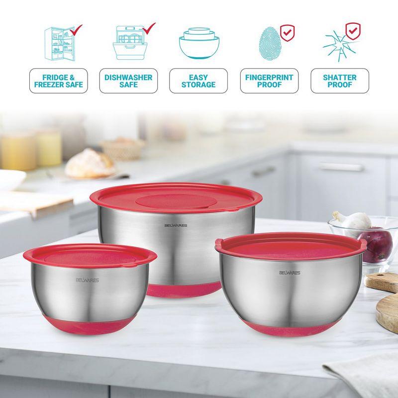 Mixing Bowls with Lids Set - Nesting Bowls with Airtight Lids + Graters - Stainless Steel Non-Slip Mixing Bowl for Baking, (Red, 5-Piece Set)