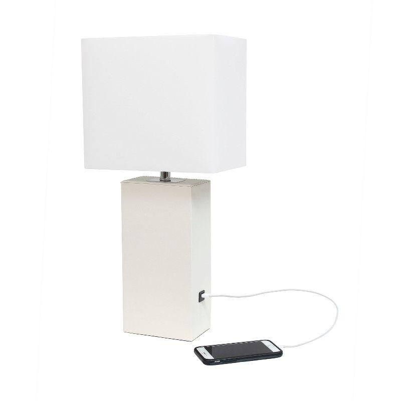 Lalia Home 21" Lexington Leather Base Modern Home Decor Bedside Table Lamp with USB Charging Port White : Fabric Shade