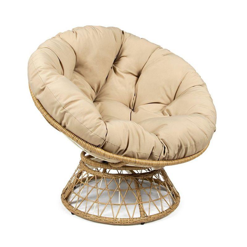 Tan Wicker Papasan Chair with Cushions and 360-Degree Swivel