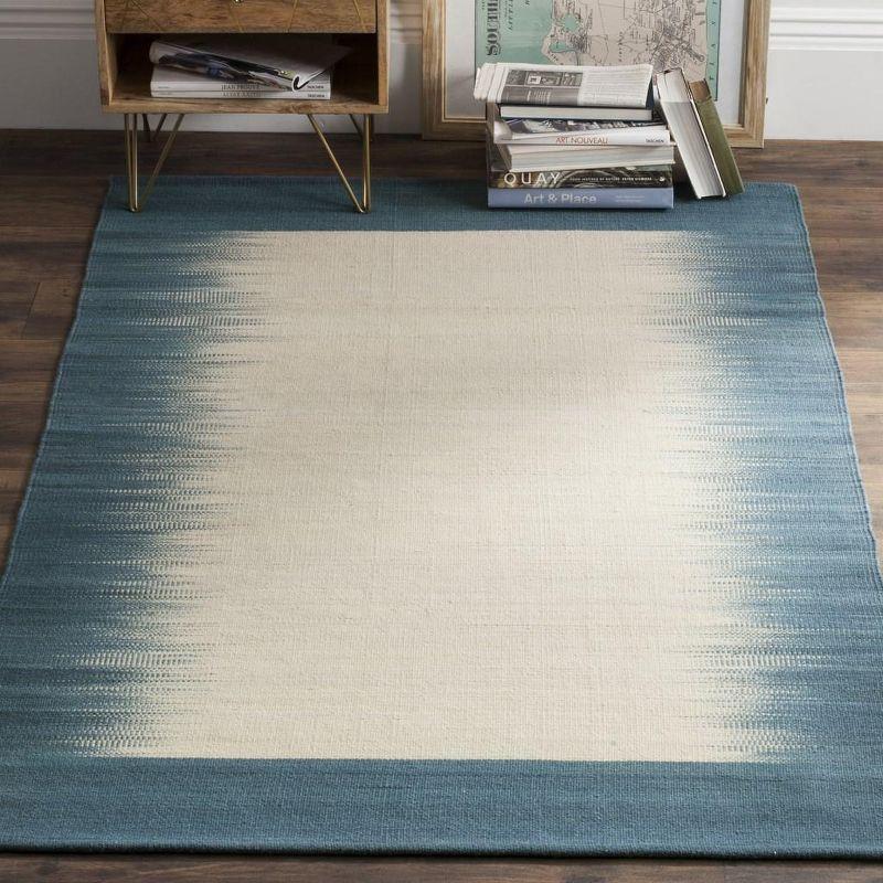 Light Blue and Beige Wool Flat Woven Reversible Rug, 4' x 6'