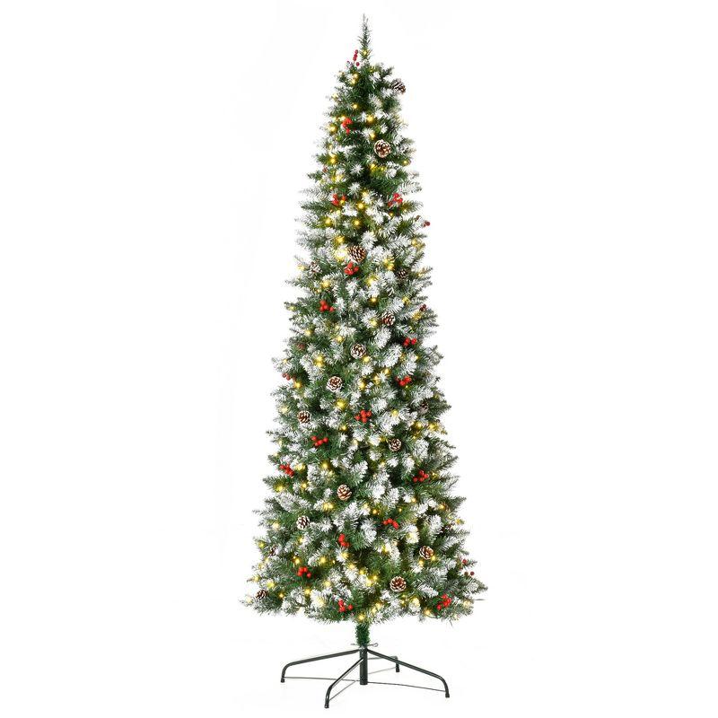 HOMCOM 7.5 FT Pre-Lit Snow-Dipped Artificial Christmas Tree with Realistic Branches, 350 LED Lights, Pine Cones, Red Berries and 1075 Tips