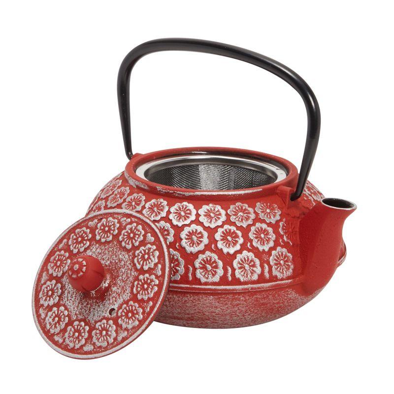 Juvale Red Cast Iron Floral Teapot Kettle with Stainless Steel Infuser Set, Japanese Tea Pot for Kitchen Pantry, 34 oz