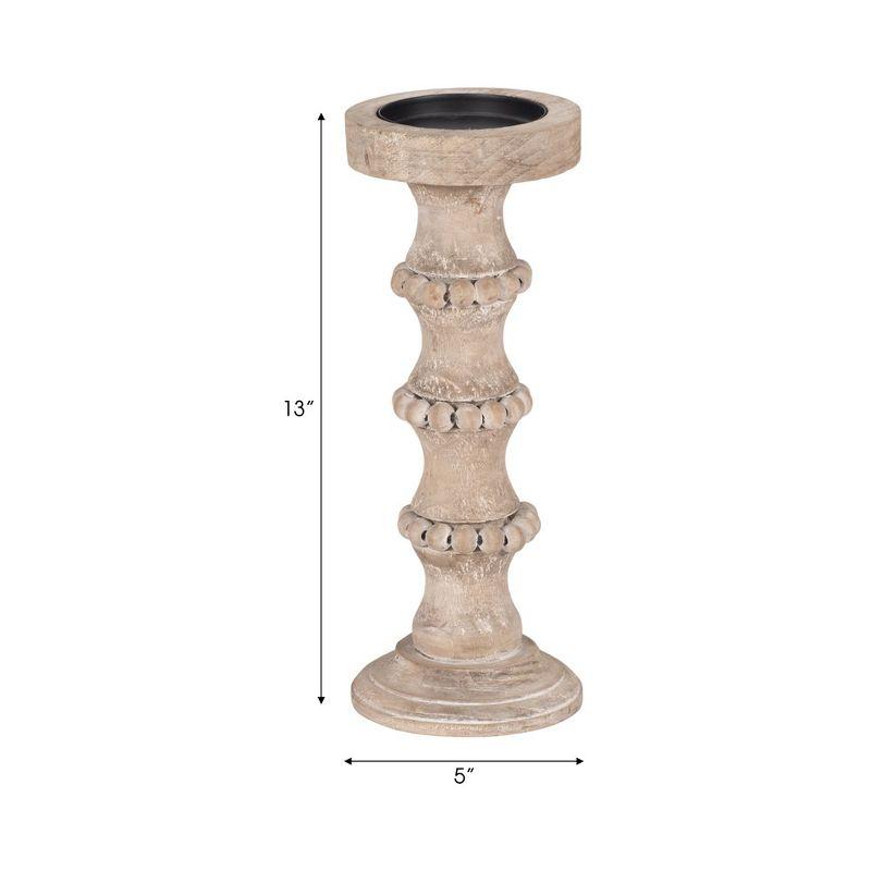 Wood Pillar Candle Holder with Decorative Beads, Antique Finish Candlestick for Home or Wedding Decor, Ivory/Beige