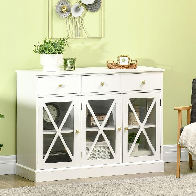Gracie Oaks 45" Farmhouse Sideboard Buffet Cabinet, Credenza,Coffee Bar Cabinet with Glass Doors and 3 Drawers, White