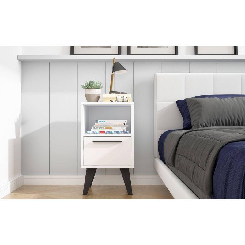 Amsterdam Nightstand 1.0 White - Manhattan Comfort: Mid-Century Modern Design, Open Shelf, Concealed Storage