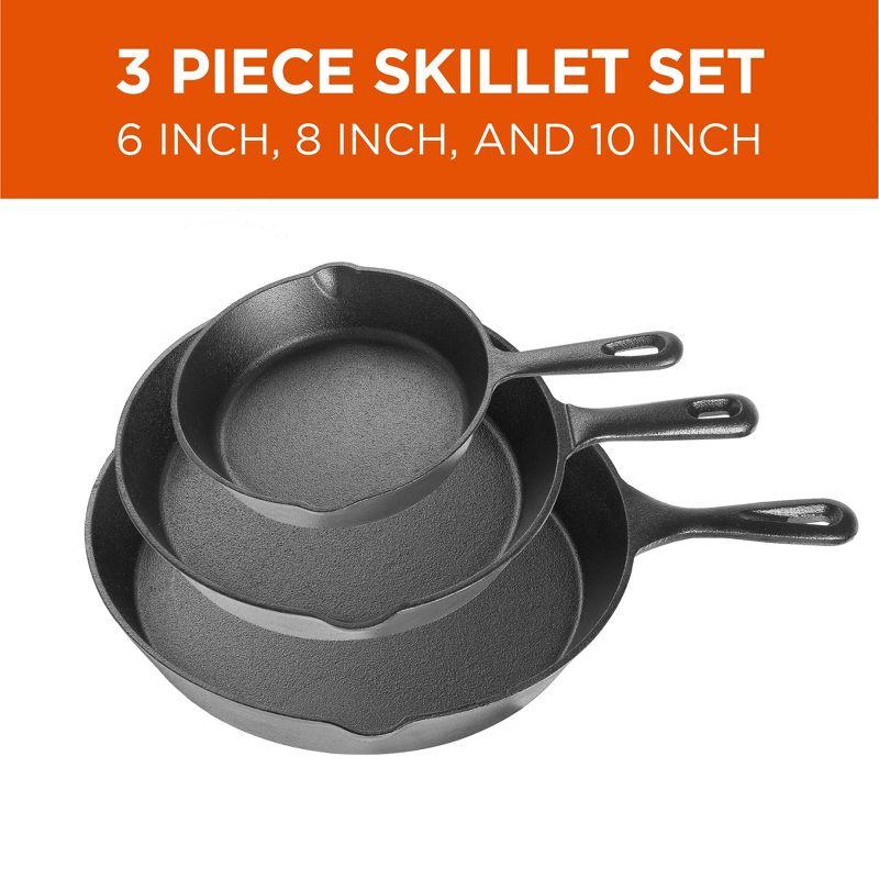 COMMERCIAL CHEF Pre-Seasoned Cast Iron 3-Piece Skillet Set, 6Inch 8Inch 10 Inch, Black