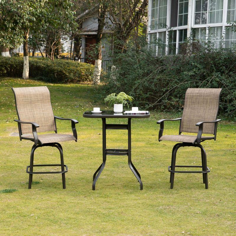 Canora Grey Outsunny Set of 2 Outdoor Swivel Bar Stools with Armrests, Bar Height Patio Chairs with Steel Frame , Brown