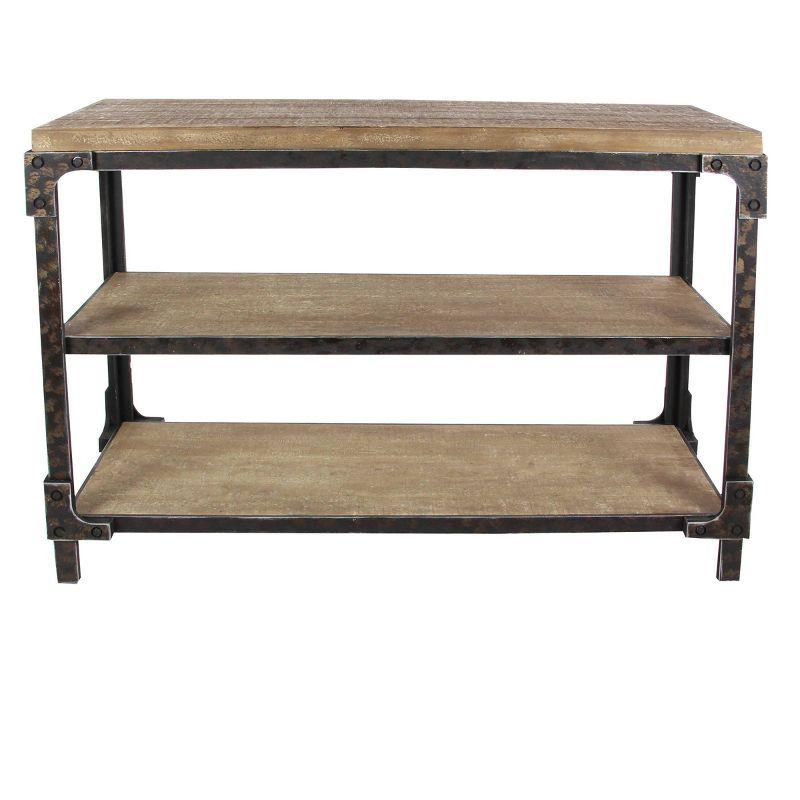 Olivia & May Rustic 3 Tier Console Table Brown: Industrial Style, Fixed Shelves, Wood Frame, Entryway Storage