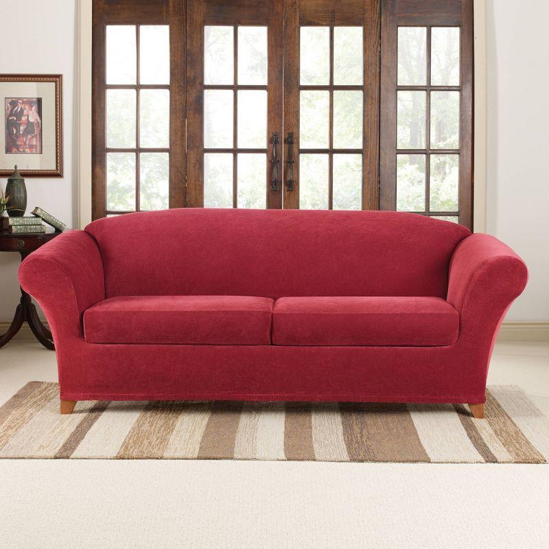 3pc Stretch Pique Sofa Slipcovers Garnet - Sure Fit: Polyester & Spandex, Machine Washable, Indoor Use