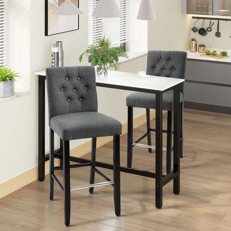 HOMCOM 2 Piece Barstools Linen Upholstered Breakfast Stools with Back, Footrest, ,Armless Seat for Kichen Dining Room,Solid Wood Leg, Gray