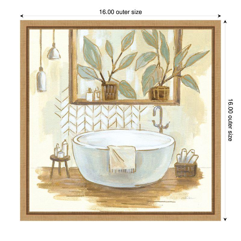 Sage Bathroom Still Life Canvas Wall Art in Maple Frame