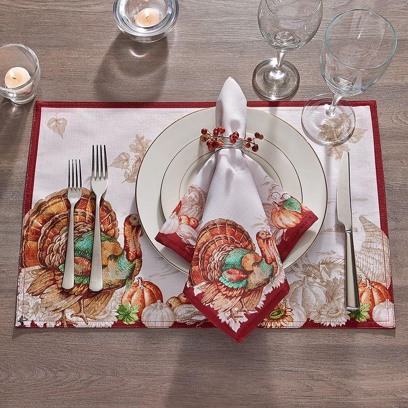 Holiday Turkey Bordered Fall Napkins, Set of 8 - 17" x 17" - White/Red - Elrene Home Fashions