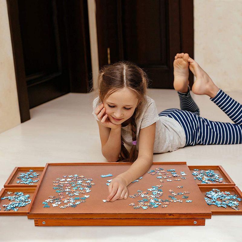 Elegant Wooden Puzzle Organizer Board with Storage and Foldable Legs