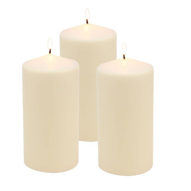 Stonebriar 3pk Tall 3'' x 6'' 65 Hour Long Burning Unscented Ivory Wax Pillar Candle