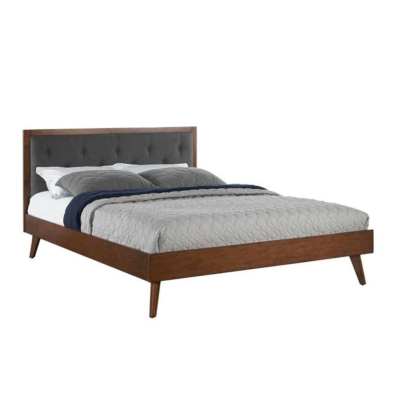 Elegant Walnut Queen Platform Bed with Tufted Gray Upholstery