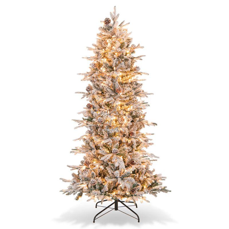 6ft Snow-Flocked Pre-Lit Artificial Christmas Tree with Pinecones and Metal Stand