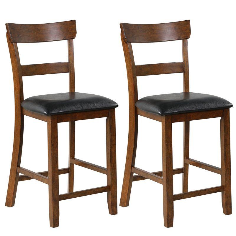 Set of 2 Brown Rubber Wood Counter Height Chairs with Black Leather Seats