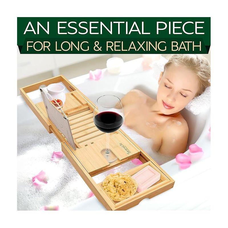 Latitude Run® Luxury Bamboo Bathtub Caddy Tray - Adjustable, Waterproof, With Wine Holder And Phone Slot For Relaxing Baths