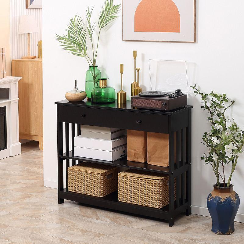 Black Wood Console Table with Drawer and Shelves